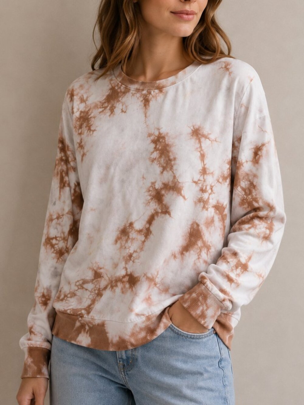 Noisy May Tie Dye Sweatshirt Women's XL Beige Brown Crewneck Pullover